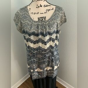 CAbi Chantilly Navy & Cream Silk Blouse | Top | Tunic Style Number 817